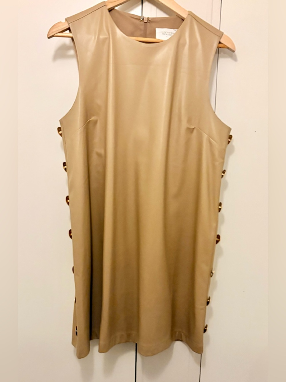 Hyacinth House Sleeveless Faux Leather Shift Mini Dress in Tan